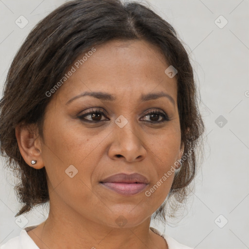 Joyful black adult female with medium  brown hair and brown eyes