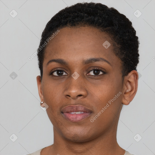 Neutral black young-adult female with short  black hair and brown eyes