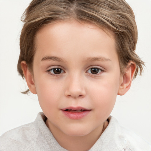 Joyful white child female with short  brown hair and brown eyes