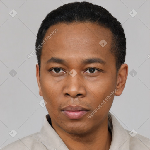 Neutral black young-adult male with short  black hair and brown eyes