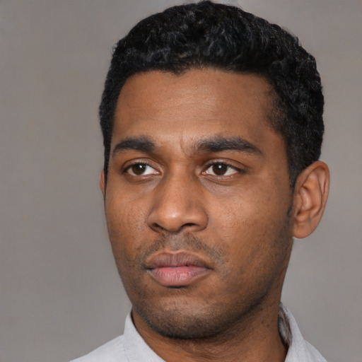 Neutral black young-adult male with short  black hair and brown eyes
