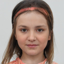 Joyful white child female with medium  brown hair and grey eyes