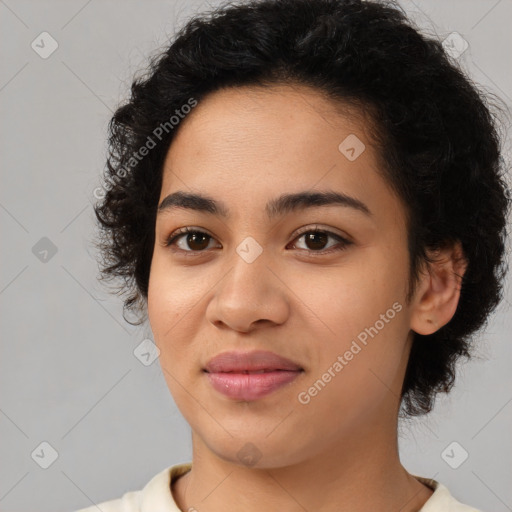 Joyful asian young-adult female with medium  black hair and brown eyes