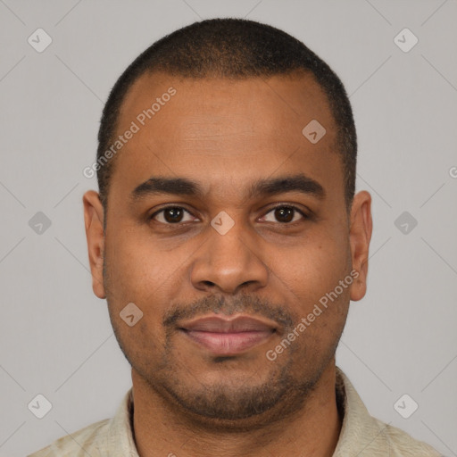 Neutral latino young-adult male with short  brown hair and brown eyes