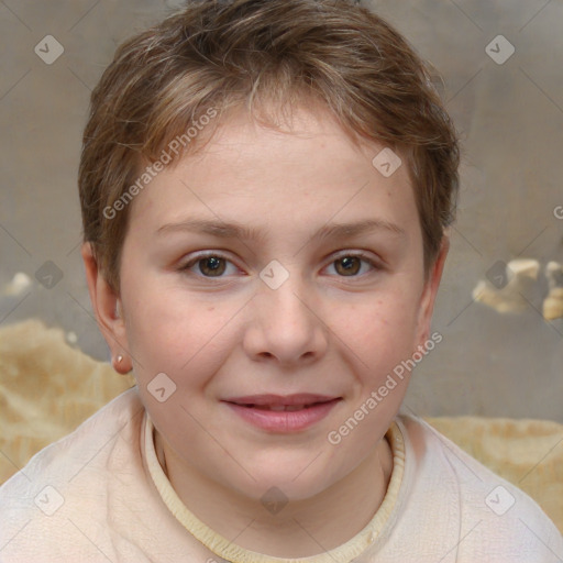 Joyful white child female with short  brown hair and brown eyes