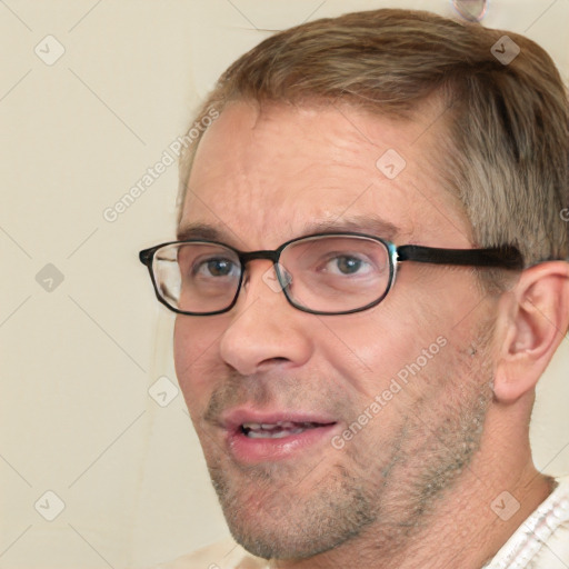 Neutral white middle-aged male with short  brown hair and blue eyes