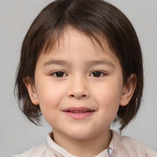 Joyful white child female with medium  brown hair and brown eyes