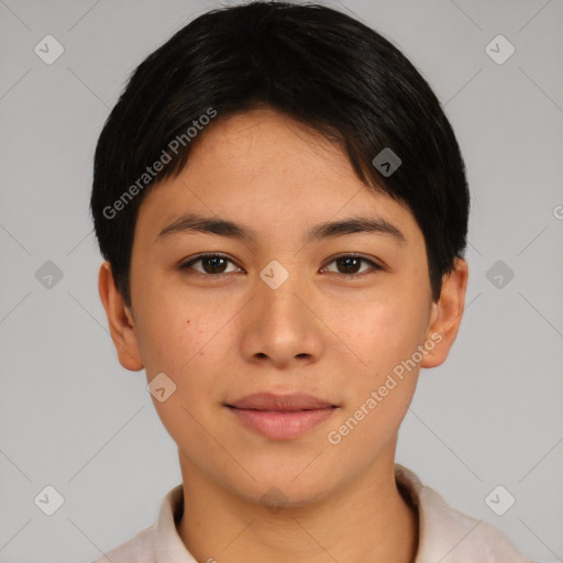 Neutral asian young-adult female with short  brown hair and brown eyes