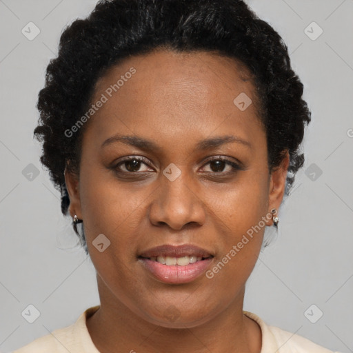 Joyful black adult female with short  brown hair and brown eyes