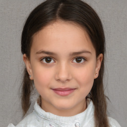 Joyful white child female with medium  brown hair and brown eyes