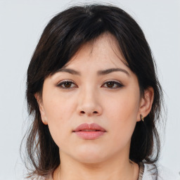 Neutral asian young-adult female with medium  brown hair and brown eyes