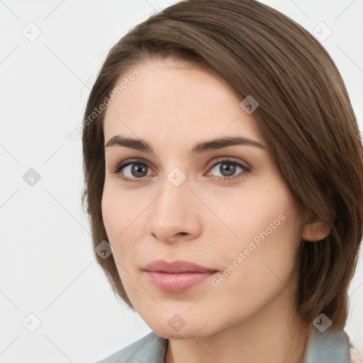 Neutral white young-adult female with medium  brown hair and brown eyes