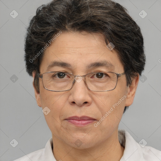 Joyful white middle-aged male with short  brown hair and brown eyes