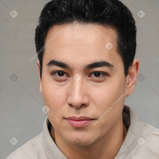 Joyful latino young-adult male with short  brown hair and brown eyes