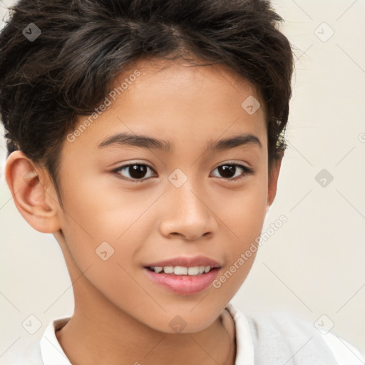 Joyful white child female with short  brown hair and brown eyes