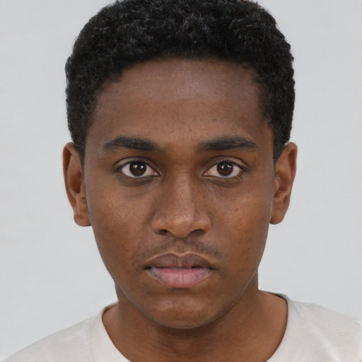 Neutral black young-adult male with short  black hair and brown eyes