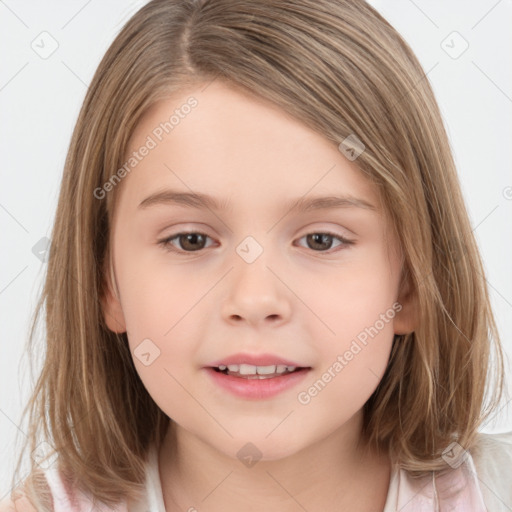 Joyful white child female with medium  brown hair and brown eyes