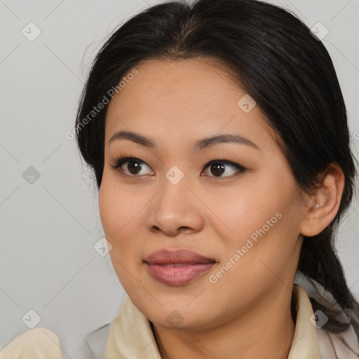 Joyful asian young-adult female with medium  brown hair and brown eyes