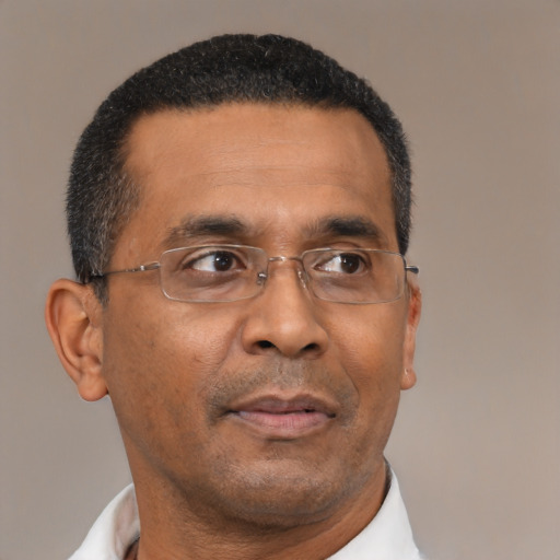Neutral black adult male with short  black hair and brown eyes