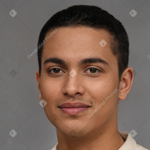 Joyful latino young-adult male with short  brown hair and brown eyes