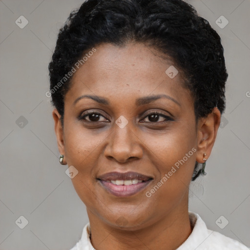 Joyful black adult female with short  brown hair and brown eyes