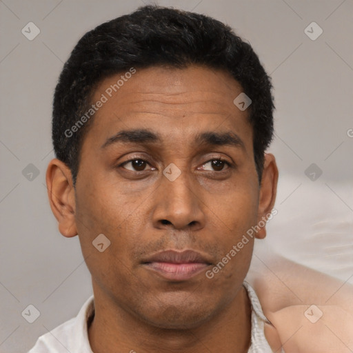 Neutral latino adult male with short  black hair and brown eyes