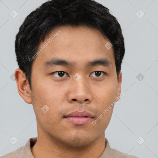 Neutral asian young-adult male with short  brown hair and brown eyes