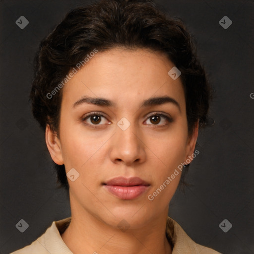 Neutral white young-adult female with short  brown hair and brown eyes