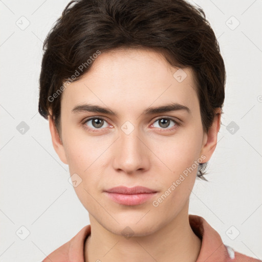 Neutral white young-adult female with short  brown hair and brown eyes