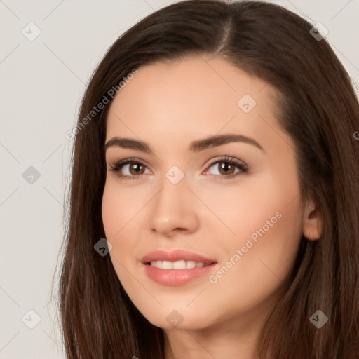 Neutral white young-adult female with long  brown hair and brown eyes