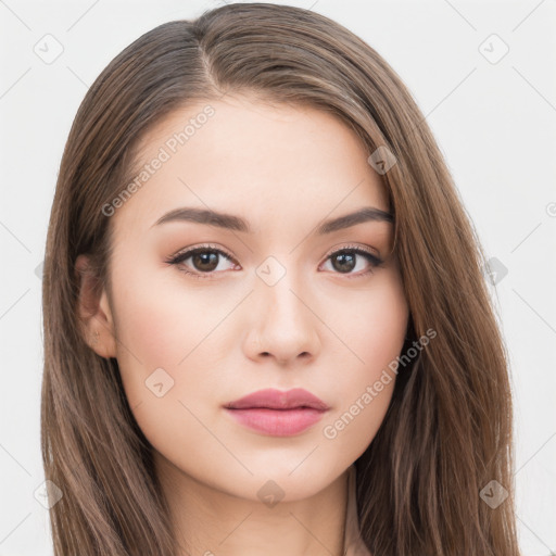 Neutral white young-adult female with long  brown hair and brown eyes