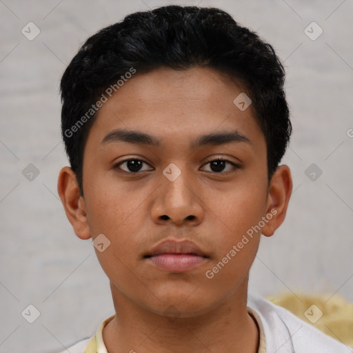 Neutral latino young-adult male with short  black hair and brown eyes