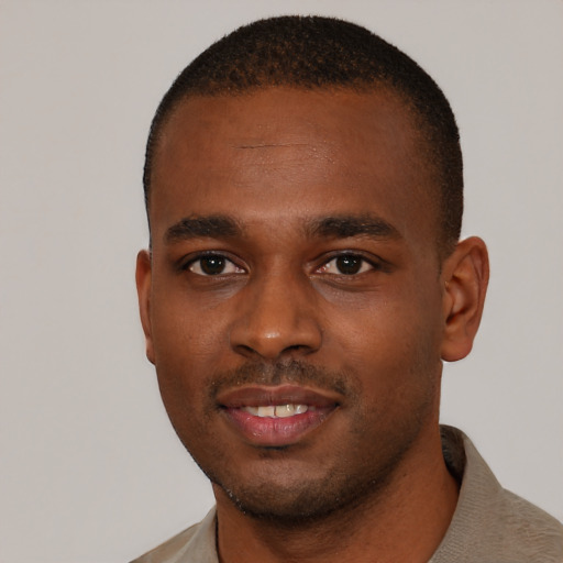 Neutral black young-adult male with short  brown hair and brown eyes
