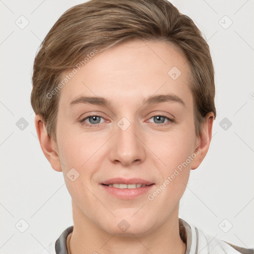 Joyful white young-adult female with short  brown hair and grey eyes