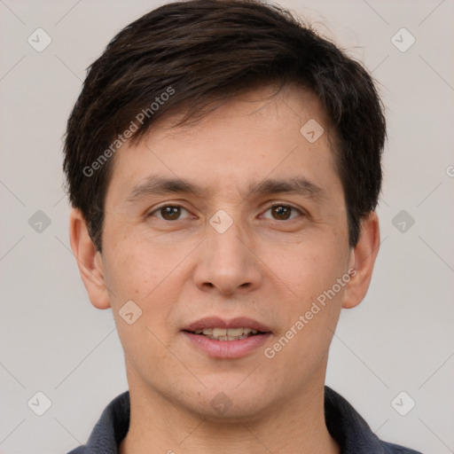 Joyful white young-adult male with short  brown hair and brown eyes