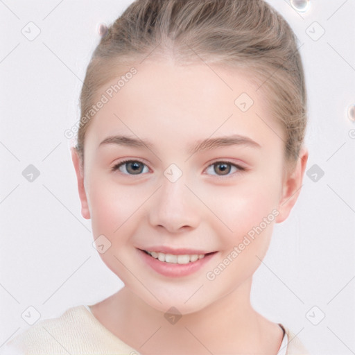 Joyful white child female with short  brown hair and grey eyes