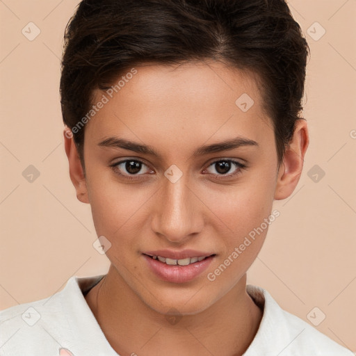 Joyful white young-adult female with short  brown hair and brown eyes