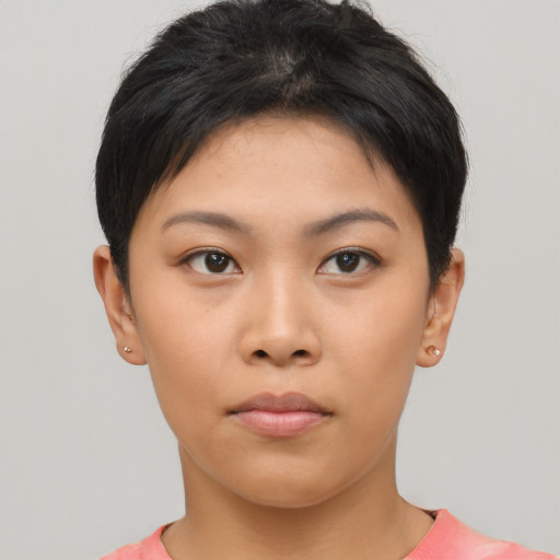 Neutral asian young-adult female with short  black hair and brown eyes