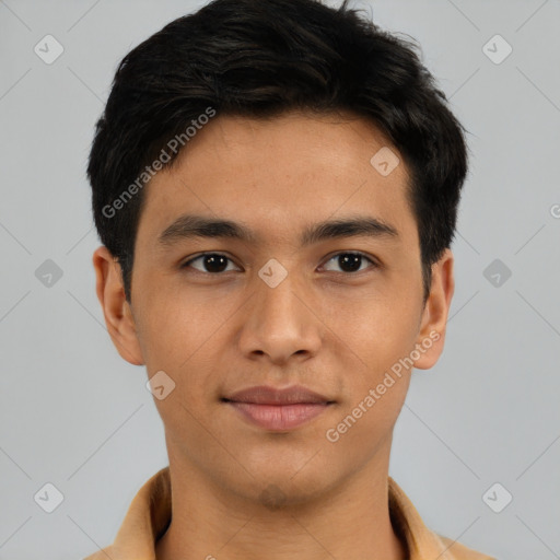 Joyful latino young-adult male with short  brown hair and brown eyes