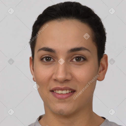 Joyful white young-adult female with short  brown hair and brown eyes