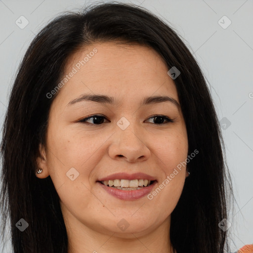 Joyful asian young-adult female with long  brown hair and brown eyes