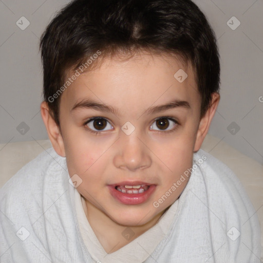 Joyful white child female with short  brown hair and brown eyes