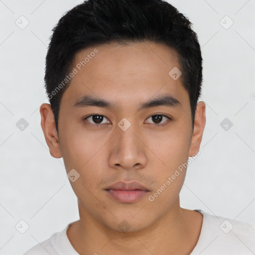 Neutral asian young-adult male with short  black hair and brown eyes