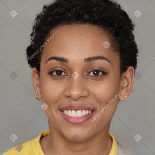 Joyful latino young-adult female with short  brown hair and brown eyes