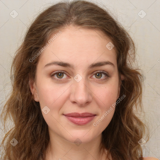 Joyful white young-adult female with medium  brown hair and green eyes