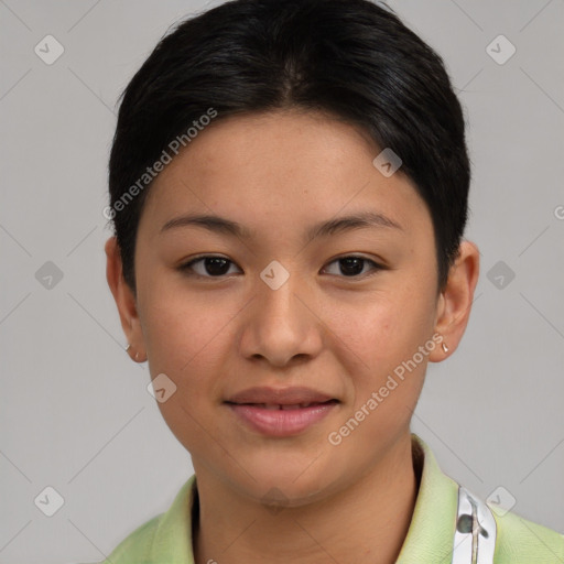 Joyful asian young-adult female with short  brown hair and brown eyes