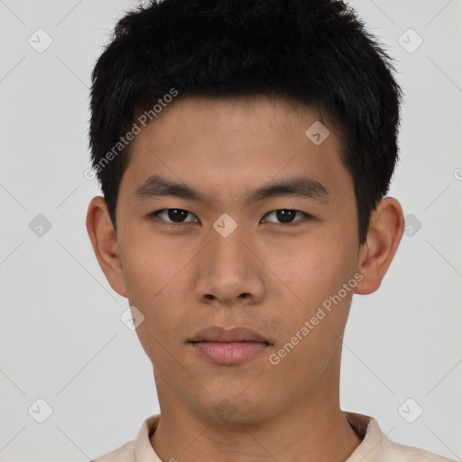 Neutral asian young-adult male with short  black hair and brown eyes