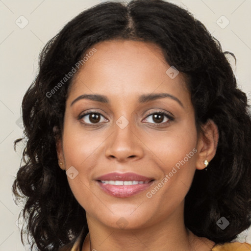 Joyful latino young-adult female with long  brown hair and brown eyes