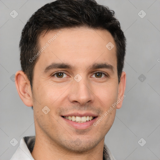 Joyful white young-adult male with short  brown hair and brown eyes