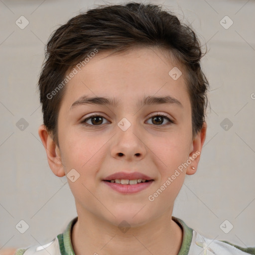 Joyful white child female with short  brown hair and brown eyes